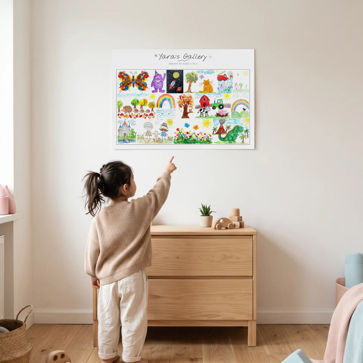 Child points at the poster with 16 children’s drawings in the Mosaic style on the wall