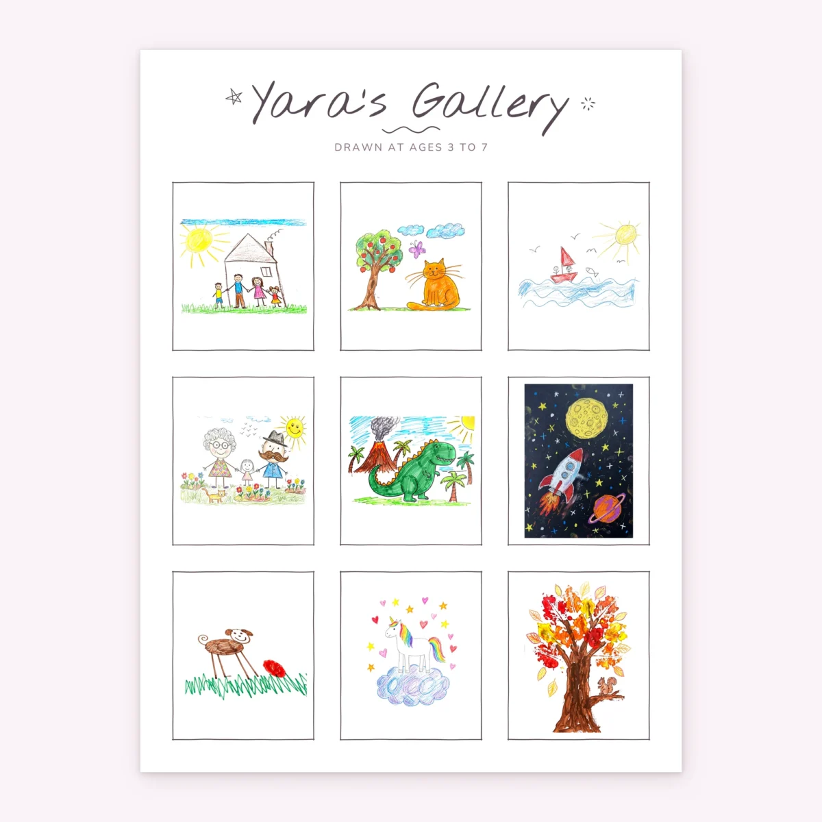 Kids art collage “Little Gallery” as a poster with nine drawings in the Gallery style, 30 × 40 cm