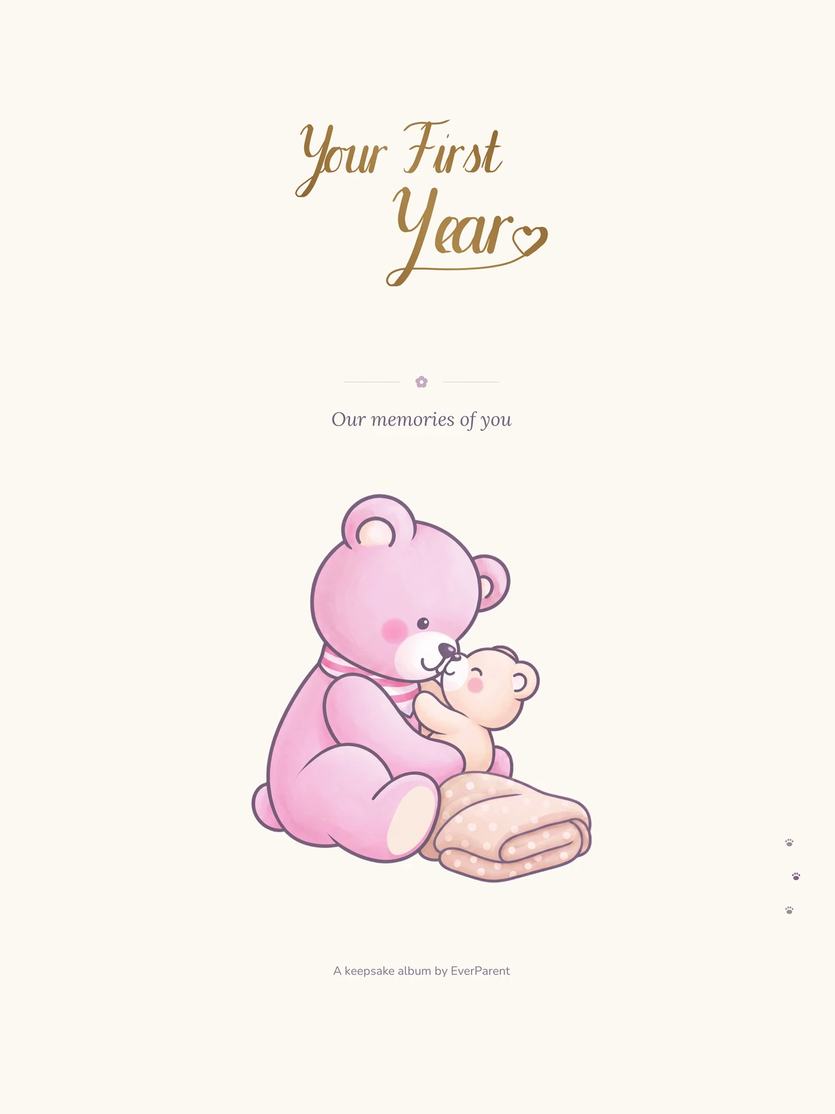 صفحة العنوان في ألبوم ذكريات الطفل «Your First Year» باللون بيج بدون اسم، أساس المعاينة المباشرة للنسخة الإنجليزية