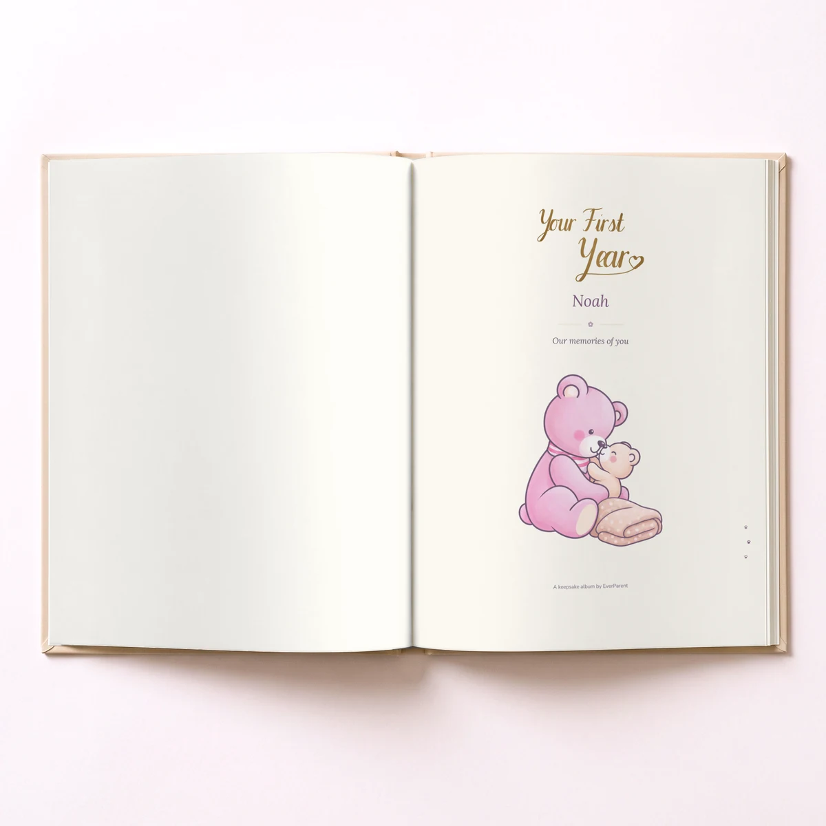 الألبوم البيج مفتوحا على صفحة العنوان «Your First Year» باسم Noah