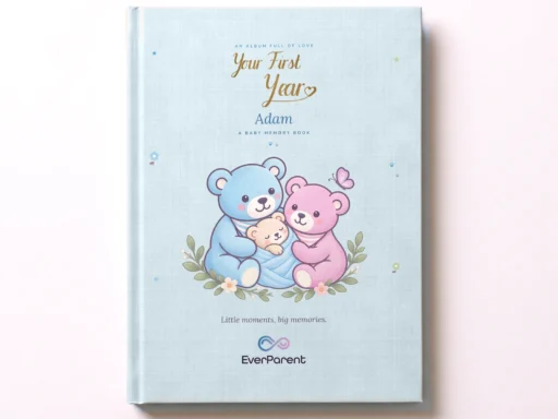 ألبوم ذكريات الطفل «Your First Year» باللون الأزرق باسم Adam على الغلاف المقوى، من الأعلى