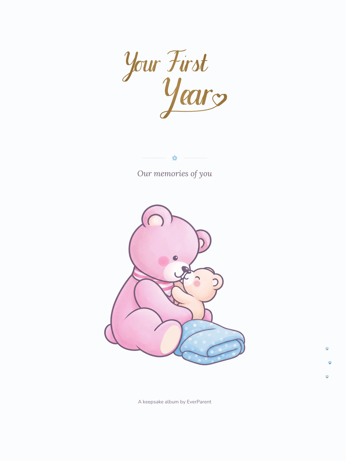 صفحة العنوان في ألبوم ذكريات الطفل «Your First Year» باللون الأزرق بدون اسم، أساس المعاينة المباشرة للنسخة الإنجليزية