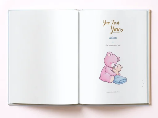 الألبوم الأزرق مفتوحا على صفحة العنوان «Your First Year» باسم Adam