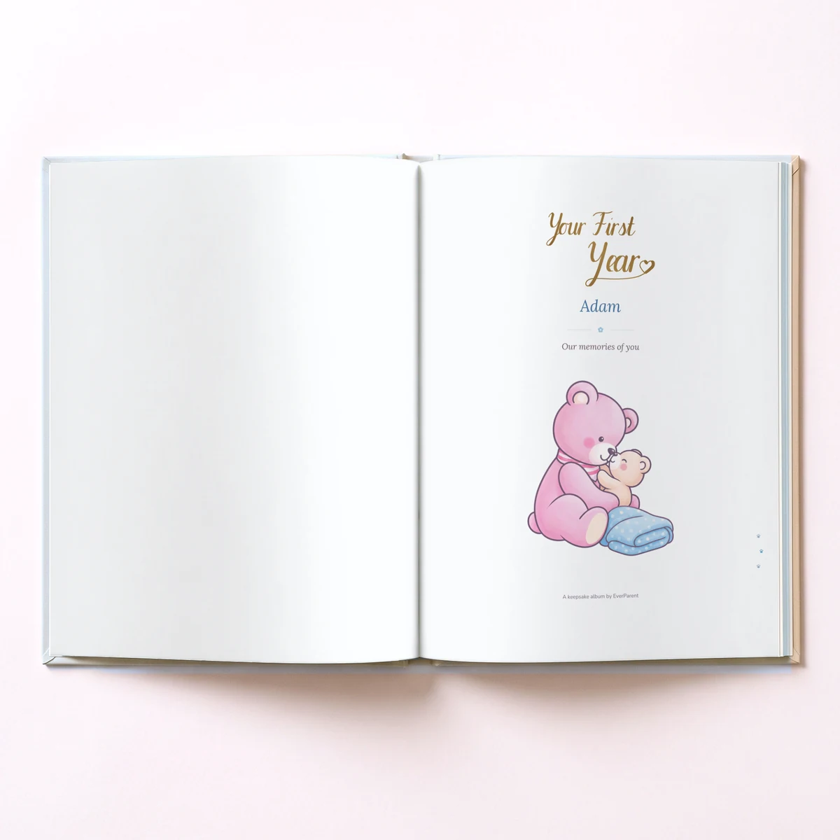 الألبوم الأزرق مفتوحا على صفحة العنوان «Your First Year» باسم Adam