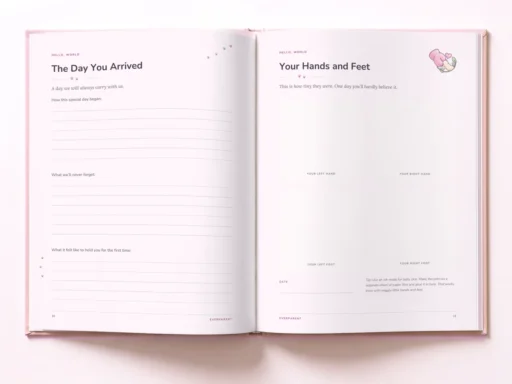 Pages for the day you arrived and for hand and footprints in the pink baby book