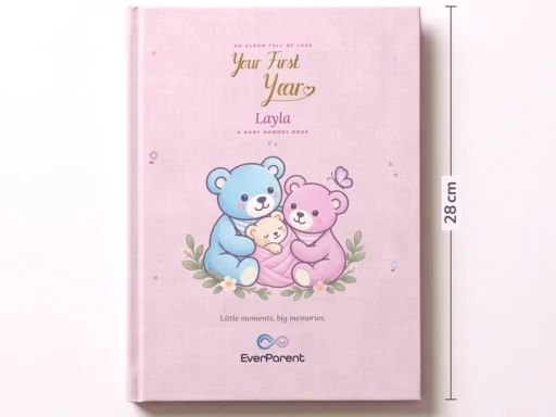 Baby book in pink with its size: 21 × 28 cm, 100 pages