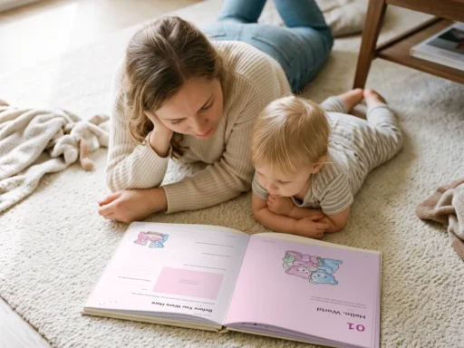Mother and toddler look at the open pink baby book together on the rug