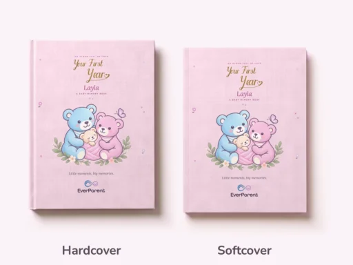 Baby book in pink as hardcover and softcover side by side