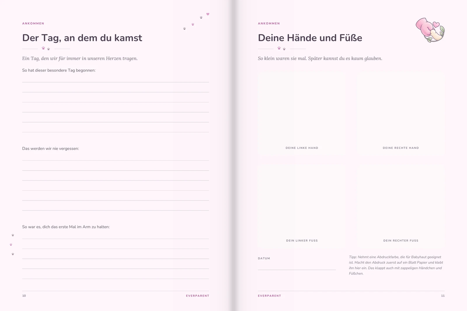Spread “Arriving” from the baby book, pp. 10–11