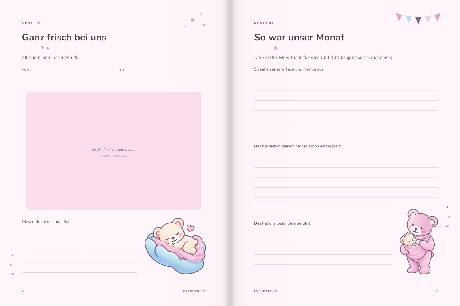 Spread “Month by month” from the baby book, pp. 26–27