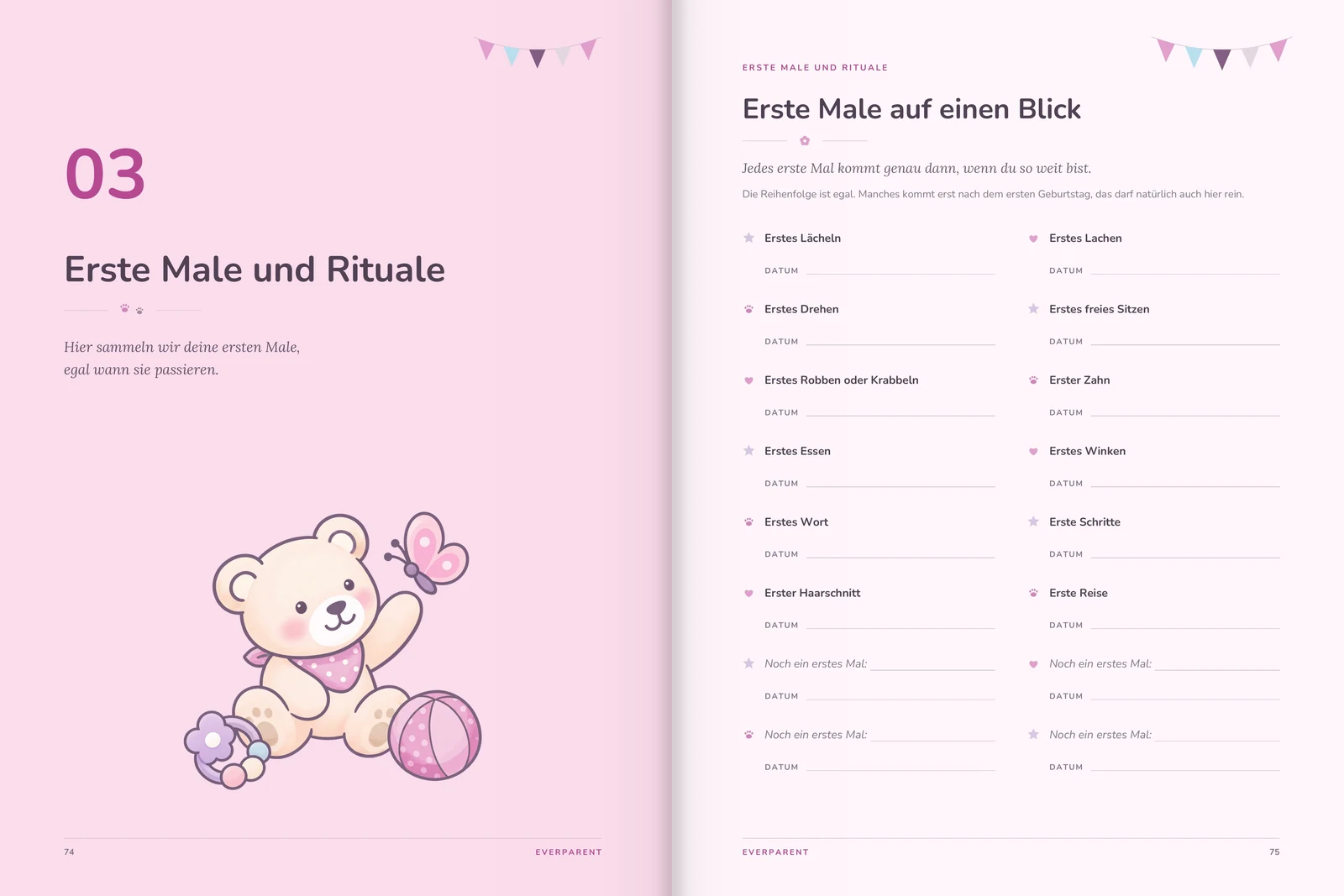 Spread “First times and rituals” from the baby book, pp. 74–75