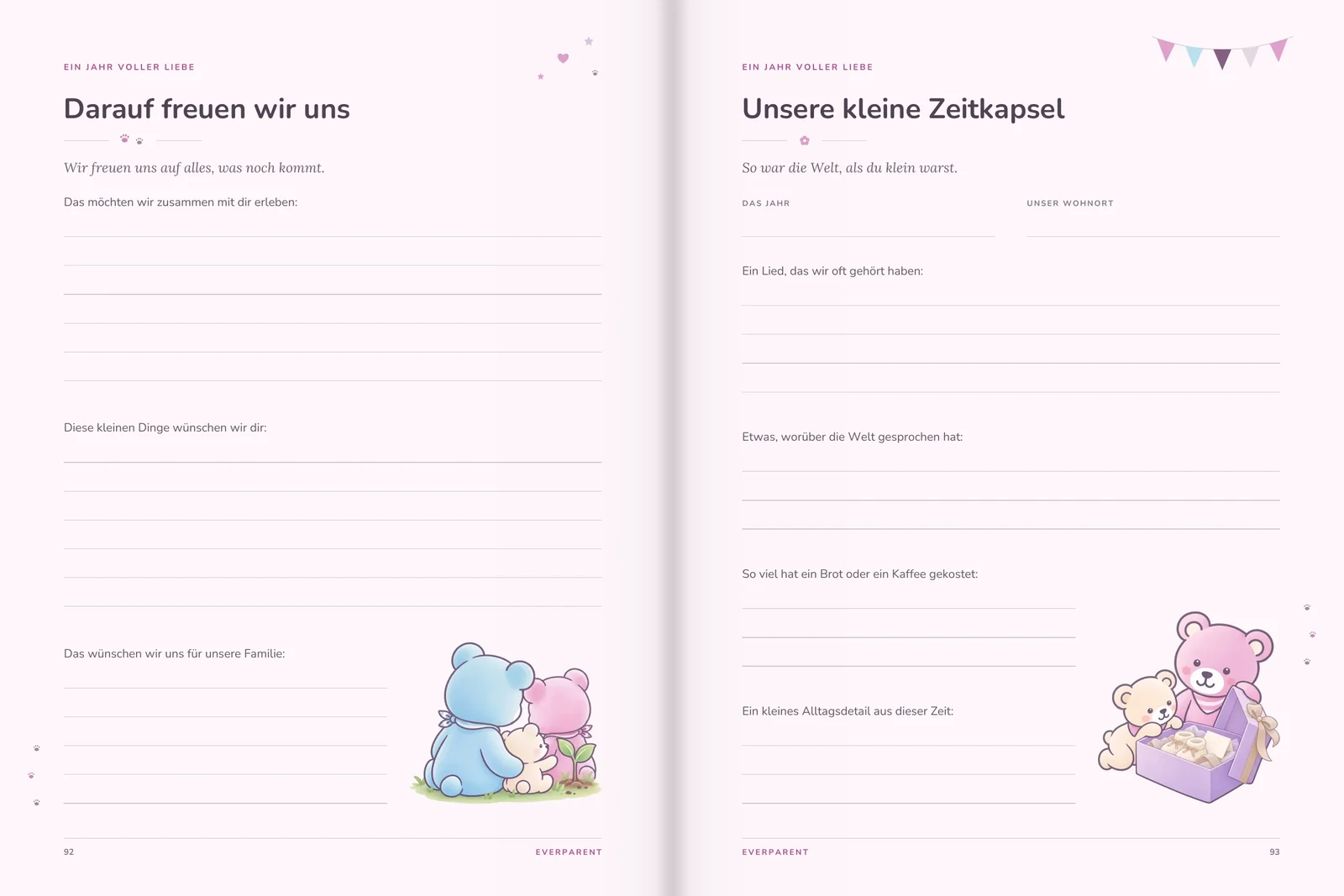Spread “A year full of love” from the baby book, pp. 92–93