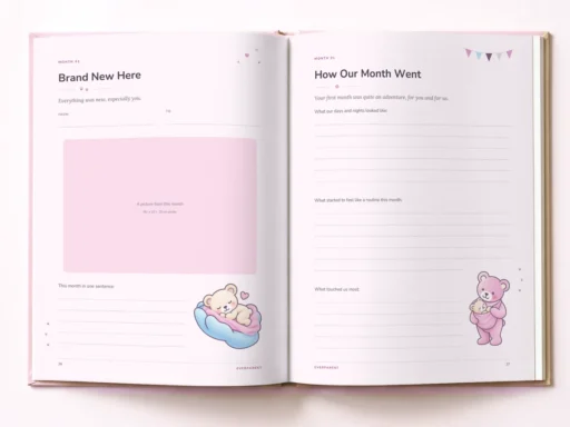 Month 1 pages in the pink baby book with space for a 10 × 15 cm photo