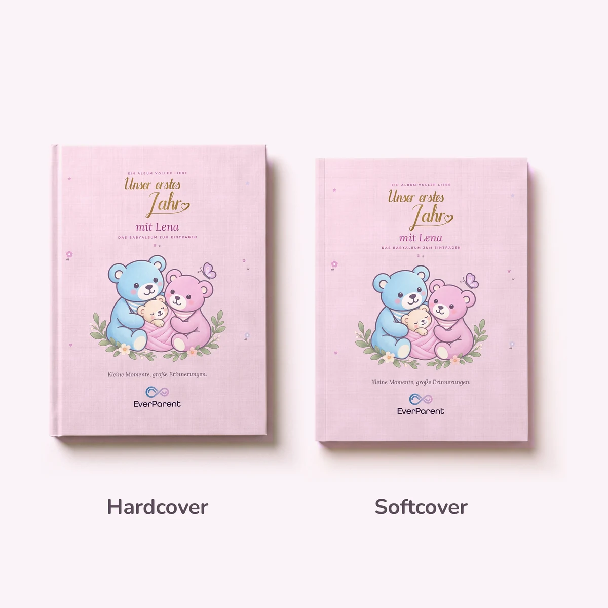Links fest gebunden, rechts als Softcover: das Babyalbum in Rosa