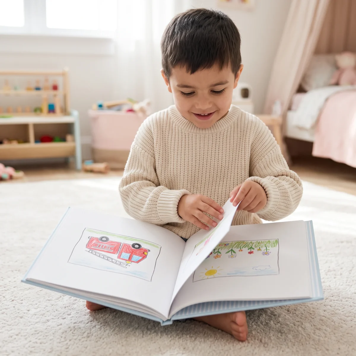 Child sits on the rug and turns the pages of the kids art book in blue
