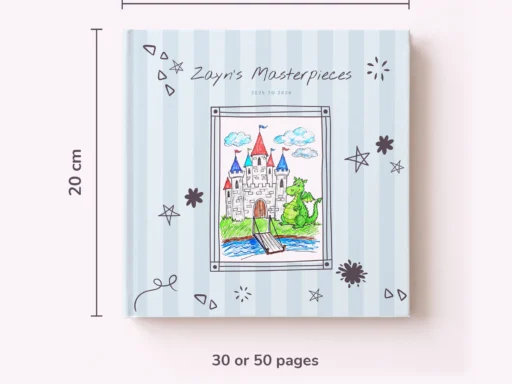 مقاس الكتاب: 20 × 20 سم، 30 أو 50 صفحة داخلية، النسخة الزرقاء
