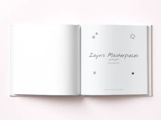 الكتاب مفتوحا على صفحة العنوان «Zayn’s Masterpieces»، النسخة الزرقاء